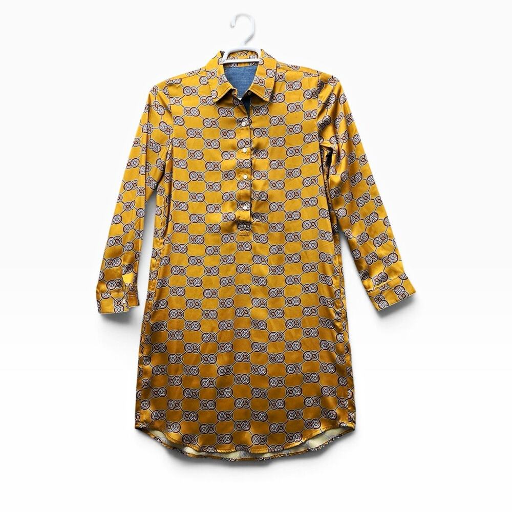 J. McLaughlin Women's Yellow Geometric Satin Shirt Dress Button Front Sz S